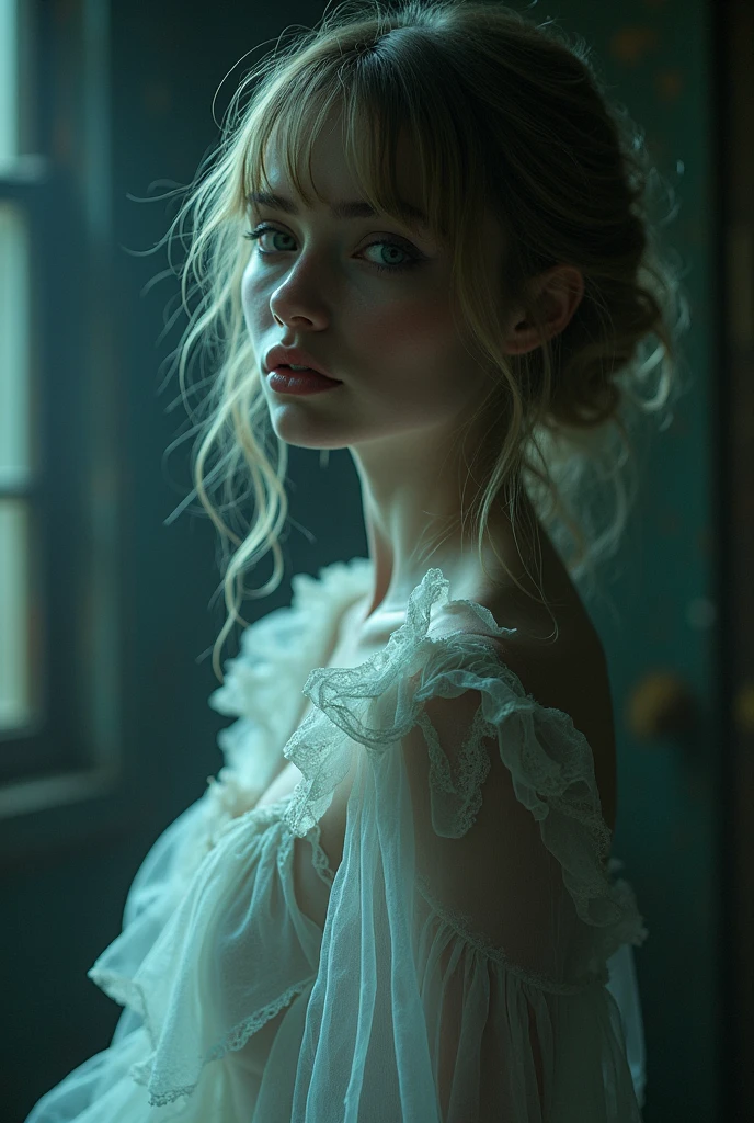 Adult female ghost posing as a model wearing second hand clothes