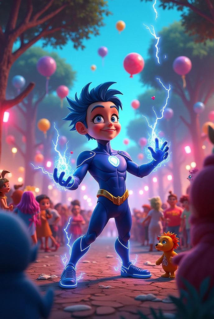 electro organized a party in the park with all the kids cartoon