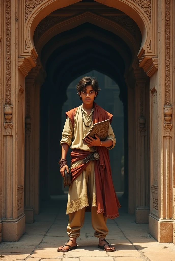 हवेली के दरवाज़े पर एक साहसी युवक, रमेश, जिसे हाथ में एक पुरानी किताब पकड़े हुए दिखाया गया हो। उसकी आंखों में निडरता और उत्सुकता झलक रही हो।