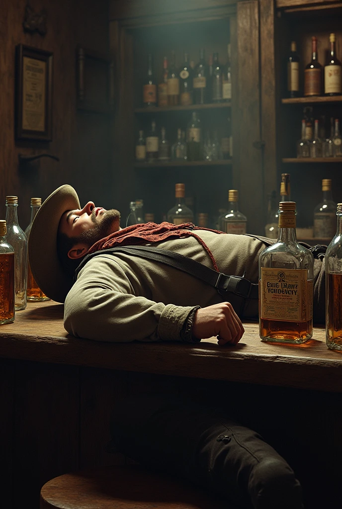 Cowboy drunk on whiskey, lying on the bar table.