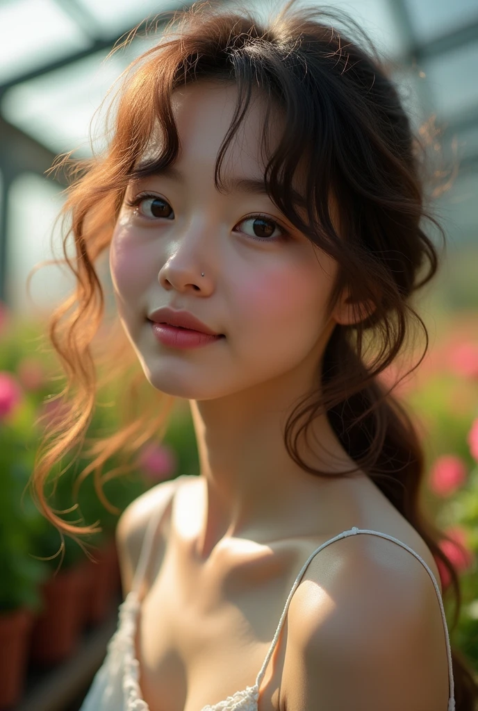 (Model shooting style), (shy), 1 girl, , brown、curly、Messy Hair, Extremely rich facial detail, Beautiful eye, [Chubby], cute, Red cheeks，bright,  eye, Stunning beauty, (Rembrandt Lighting), Zeiss Lenses, Surreal, (Skin with attention to detail:1.2), 8K Ultra HD, Digital single-lens reflex camera, Dramatic Rim Light, high quality, Fuji XT3,Very delicate and beautiful, wonderful, In detail, masterpiece, Very detailed, High resolution,Best Shot, Best Shadow,Complex,Sharp focus, high quality, 1. Japanese women, alone.cute,Fuka Koshiba,Yuki Sakurai,Seira＝Trout, Glass greenhouse, Potted flowers, Flowers for sale, Woman looking at flowers, Flowers are blooming everywhere, Lens flare,Sleeveless,Beautiful breasts,butterfly,クールなeye,Glossy Lips,smile,Glowing Skin,Beautiful Skin
