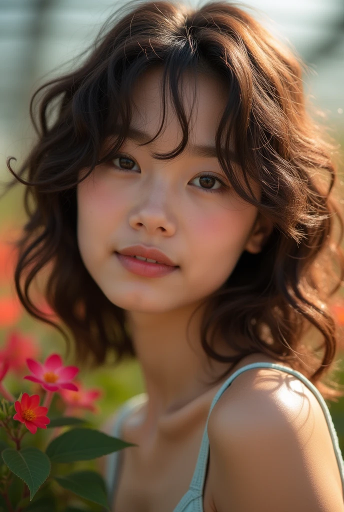 (Model shooting style), (shy), 1 girl, , brown、curly、Messy Hair, Extremely rich facial detail, Beautiful eye, [Chubby], cute, Red cheeks，bright,  eye, Stunning beauty, (Rembrandt Lighting), Zeiss Lenses, Surreal, (Skin with attention to detail:1.2), 8K Ultra HD, Digital single-lens reflex camera, Dramatic Rim Light, high quality, Fuji XT3,Very delicate and beautiful, wonderful, In detail, masterpiece, Very detailed, High resolution,Best Shot, Best Shadow,Complex,Sharp focus, high quality, 1. Japanese women, alone.cute,Fuka Koshiba,Yuki Sakurai,Seira＝Trout, Glass greenhouse, Potted flowers, Flowers for sale, Woman looking at flowers, Flowers are blooming everywhere, Lens flare,Sleeveless,Beautiful breasts,butterfly,クールなeye,Glossy Lips,smile,Glowing Skin,Beautiful Skin