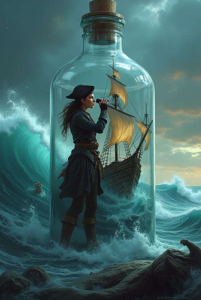 Inside a bottle a pirate ship with a female pirate looking through a spyglass into the distance with huge waves in the sea, and sea monsters in the sea moving