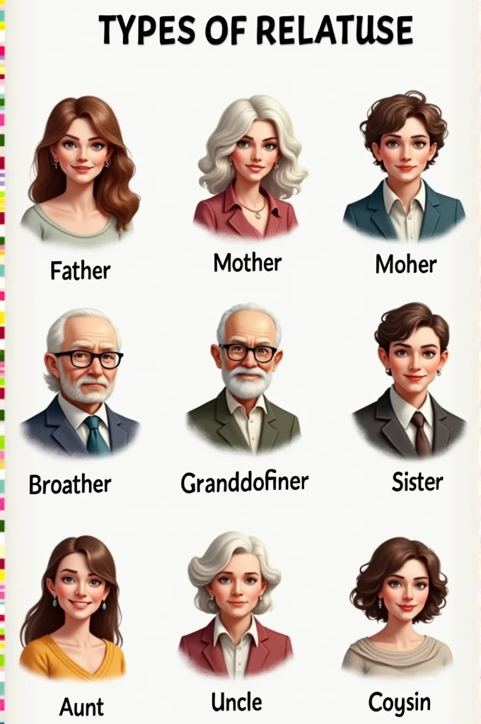 the names of types of relatives with pictures, Father, mother, Brother, Sister , grandfather, grandmother,aunt, uncle , cousin, in English (images according to the corresponding names and ages 
