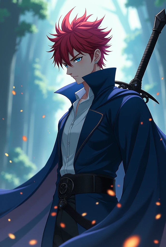 a 2 red-haired man with sharp, emotionless blue eyes, spiky hair, wearing a white collared shirt, expressionless face, holding a black sword, anime style, (best quality, 4k, 8k, highres, masterpiece:1.2), ultra-detailed, (realistic, photorealistic, photo-realistic:1.37), dramatic lighting, vivid colors, fantasy, mystical, ethereal, elegant