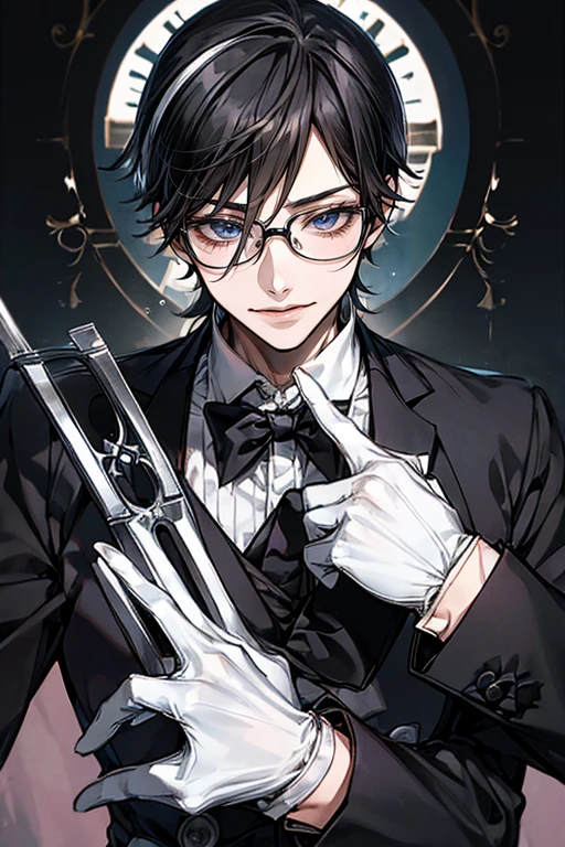 (Mastepiece)、(Best Quality)、Very detailed、((1 butler:1.5))、Perfect Face、Beautiful Face、Very detailedな顔、(Black Hair:1.3)、Black butler uniform、Glasses、(White gloves:1.3)、Smiling face
