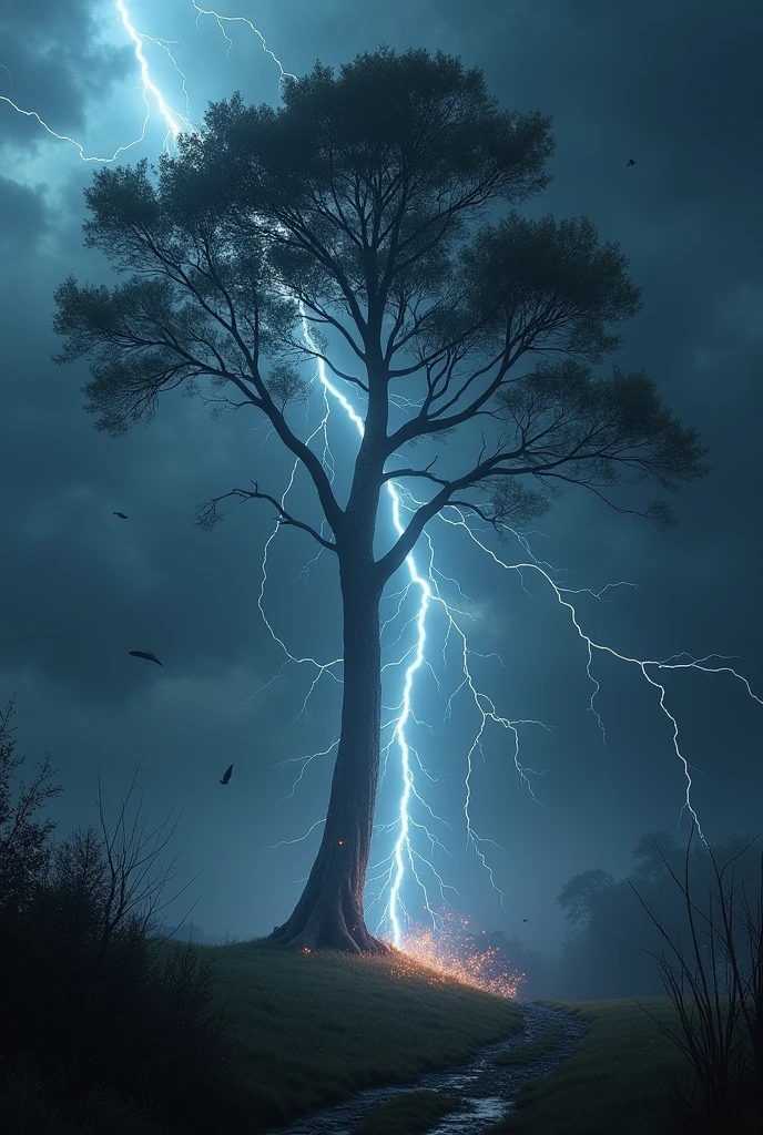 "The lightning struck the tree." Imag