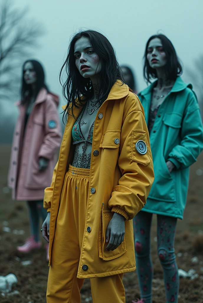 Young female zombies coming out of graves but wearing modern and casual outfits in creative colors and details. They are posing like models in a cool environment