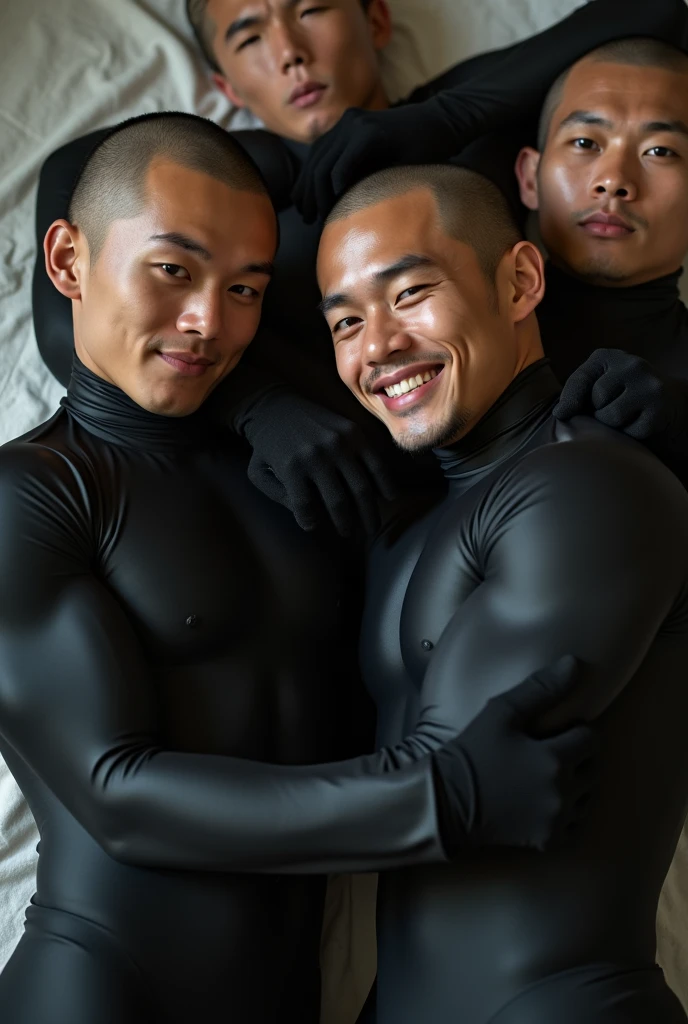 Two young Japanese men,whole body黒のゼンタイ,Sunburn,On the mattress,masterpiece,high quality,Realistic,photograph, 最high quality,Muscular、Super Short Hair,Biceps ,whole body ,Underarm,Shiny,shaving 、athlete,naive,Simple,Black Hand,Rugby Club,Black Neck,Gay,latex,,smile,Sex,tongue、return、Hip、Touching his face