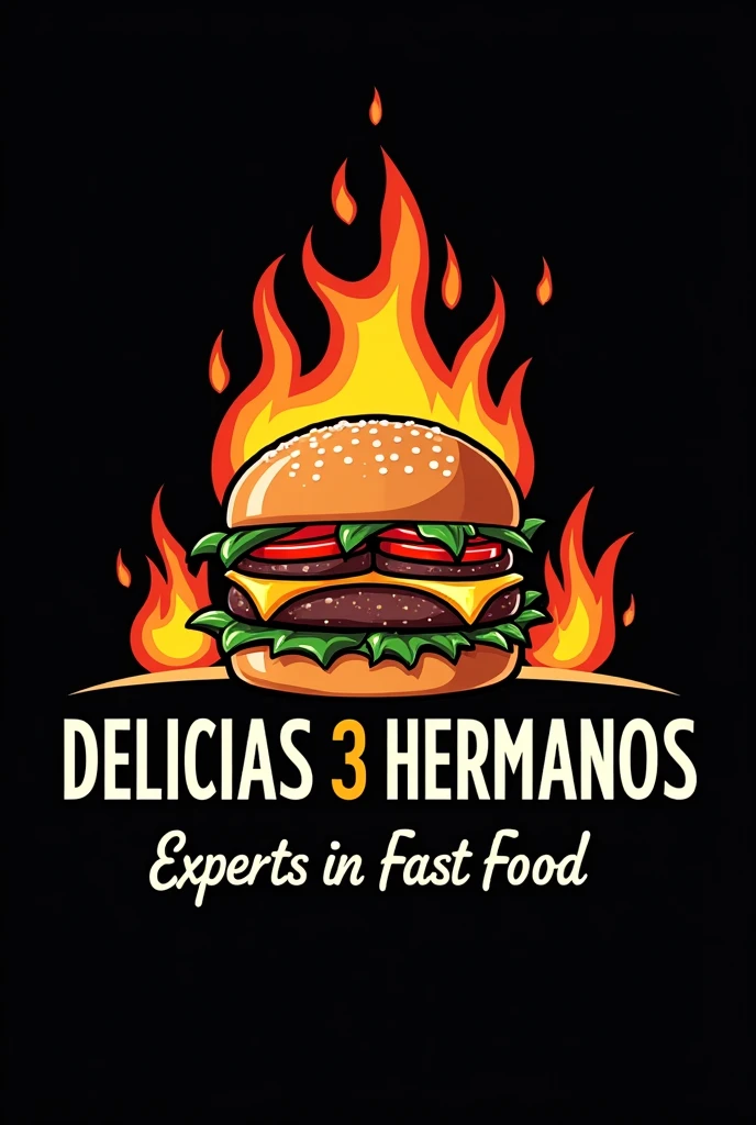 Make me a logo with a drawing of a juicy burger and fire, with a black background and little flames and the name of Delicias 3 hermanos and around it that says experts in fast food (in Spanish)