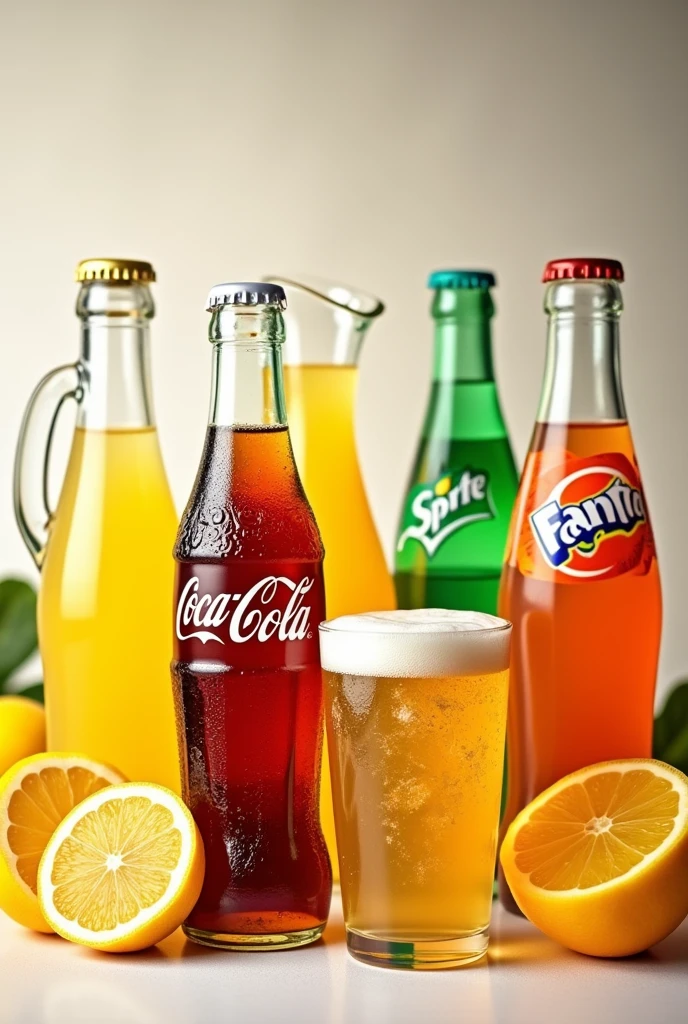 coke bottle, sprite, fanta, lemon juice, orange juice and pilsner beer