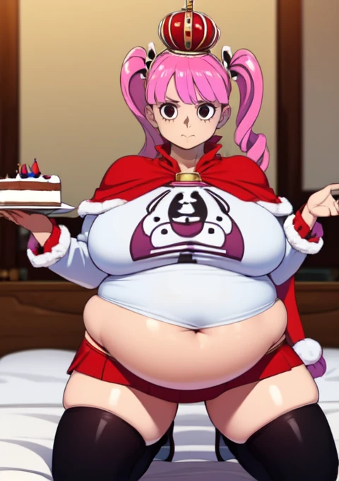 (masterpiece, best quality), 1girls, big belly, blurry background, huge belly, art by kipteitei, round belly, chubby, curvy, pink pony tails, red mini skirt, (( wearing black and white horizontally striped thigh highs)),  castle background, belly bursting out of white long sleeved reglan tee shirt ,((( white long sleeve tee shirt))), (((wearing a black and red crown))) , enormous belly, fat belly, thicc, bigger belly, really big belly, jiggly belly, giant huge belly, big enormous belly, ((((gigantic belly)))), bloated belly, fat belly, ginormous big belly, expanding big belly, sfw, safe for work, kneeling on bed, sfw (safe for work), perona , (((a person out of frame is feeding her cake, cake is being shoveled into her mouth, her lips are closed around a slice of cake, a platter of cake, she has her mouth open wide f))), sweating, blushing, (mouth open wide, she is saying aaah), ((her belly is being grabbed and played with by floating hands)), she is wearing tall red laced up boots, (((wearing red capelette draped over her shoulders with wool on the edges)))