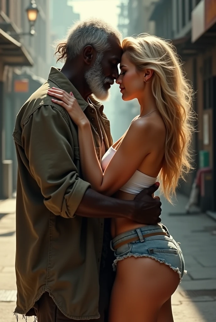 a fat old homeless black man, a rich beautiful blonde woman, wearing shorts, kissing, extremely detailed, cinematic lighting, dramatic composition, epic romance, photorealistic, 8k, high quality, masterpiece, hyper realistic, dramatic atmosphere, stunning colors, dynamic pose, intense emotion, chiaroscuro lighting, classical art style, oil painting
