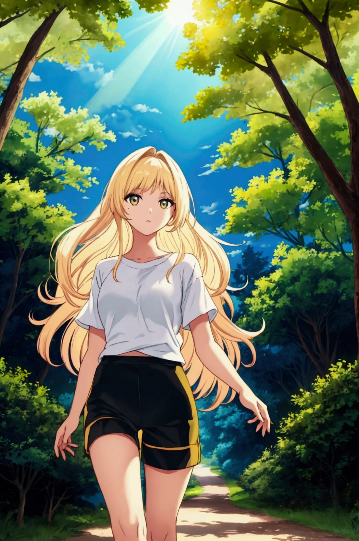 pretty colors, watercolor, wallpaper, high quality, 4k, Walking, looking at the viewer, a girl, alone, among trees, path, forest, beautiful clouds, beautiful background, blonde hair, golden eyes, tight black shorts, long loose white t-shirt, sun glare, distant point of view, a little high, perfect body, medium breasts, pronounced legs, pretty face 