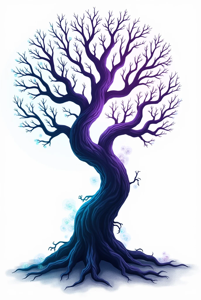 illustration, dark tree with purple details and blue and turquoise details, magic theme,  white background
