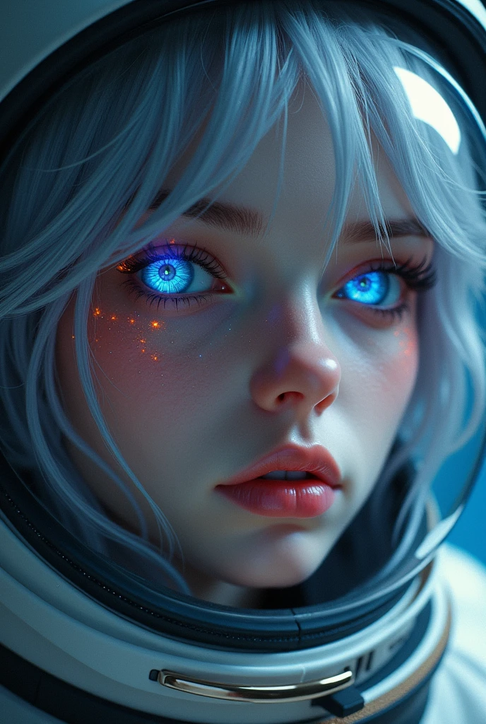 (Close-up of a better masterpiece:1.5)0.9], (Space and astronauts:1.2) (Messy silver hair:1.1) (Heterochromia xanthochromia and blue eyes:1.2) (Space Helmet:1.0) (Colored stars in the eyes:1.0) (A radiant glow:1.1) (thick lips:0.9)