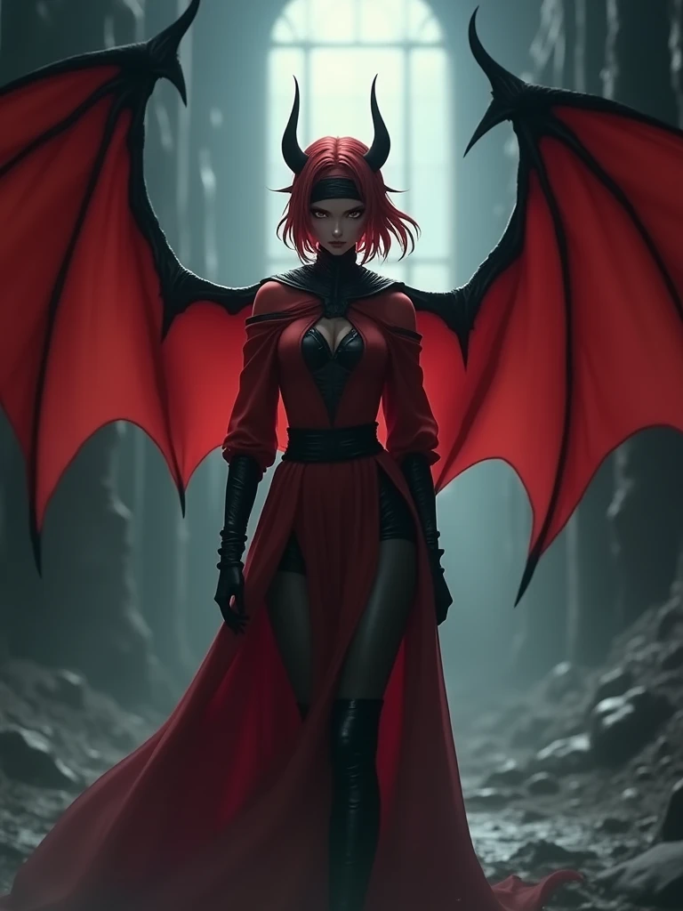 anime style,(RAW photo, 4k, master piece, very high resolution, extremely complex)(realistic: 1.4),(Bandage wrapped around head),(pointed ear),(big red bat wings), Cinematic lighting, (((a female character))), focus on alone, (Night), mist, medieval\(Style\), ( best quality ), (Tall),(dark skin tone) (short red hair),( large flowing red cape),(red and black full clothes),(8k expressionless face),(red eyes),(ULZZANG-6500:1.0),(alone),(Viewers),(penetrate gaze), (side),(Mysterious catacomb environment),((speed)),(reality),artistic