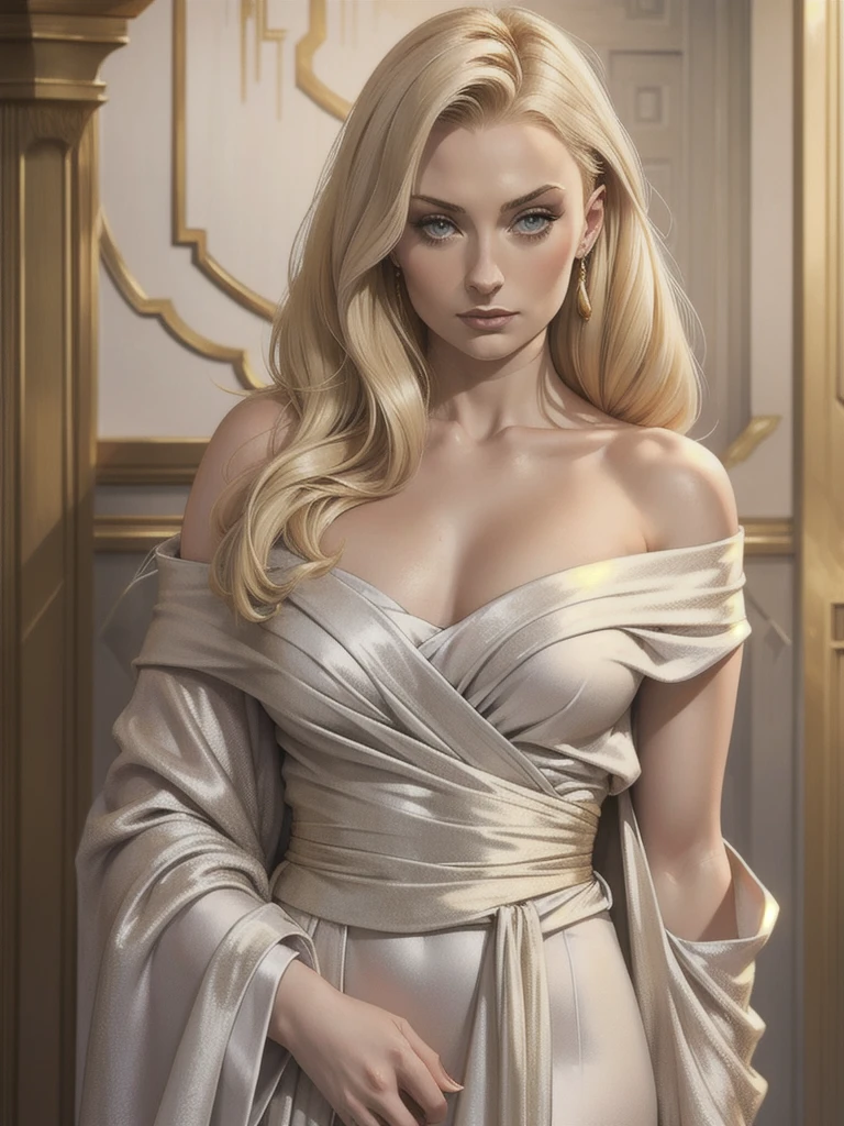 beautiful blonde haired woman, pale skin, draped in silver grey silk bathrobe, gold hues, off shoulder, sophie turner