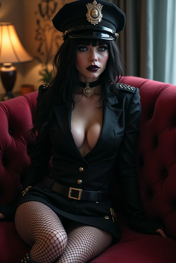 Erotic goth police woman with fishnets short skirt and boots sitting on the sofa 
