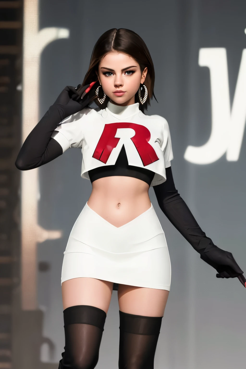 The face of Selena gomez, 1girl, solo, team rocket,team rocket uniform,white skirt,red letter R,crop top,black thigh-highs,black elbow gloves, earrings, large breasts, 