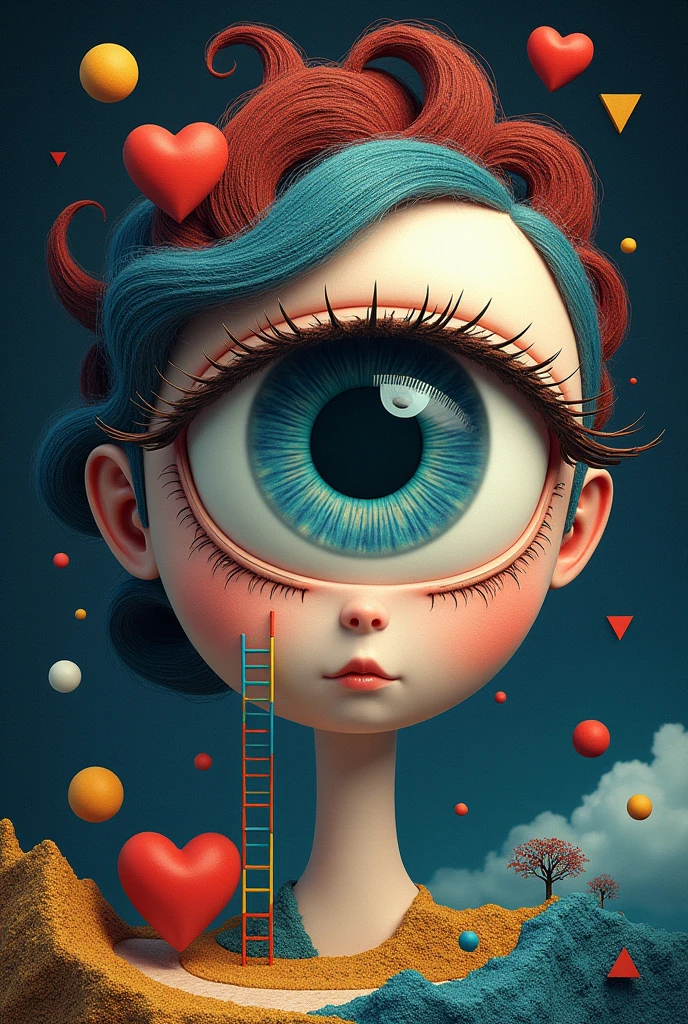 Draw the eye: Start with a basic shape for the eye and then detail the eyelids., the pupil and the iris.
Add the elements that represent "To feel": Place the heart near the eye and the colored ladder behind it..
Incorporates the elements that represent "perceive": Distribute the triangles and circles around the eye.
Complete the background: Use a variety of shapes and textures to create an interesting background.
