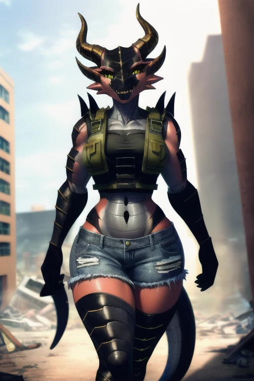 ((4k)), (best body), (sexy women), Solo, score_9,score_8_up,score_7_up, kemono style, Anthro deathclaw from fallout, Anthro reptile girl, snout, green scaled skin, gold eyes, black lips, black horns, black ram horns, athletic body, smiling, walking in a ruined city, holding a rusty gun, wearing bodyarmor, bulletproof vest, blue jean shorts and a blue tank top, sfw, intimidating woman, monstergirl, sleek female dragon head, as an anthropomorphic dragon, commission for high res, female dragonborn, well designed female dragon head, anthro lizard, female fursona,  female dragon head