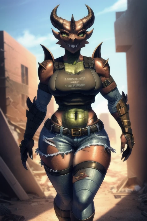 ((4k)), (best body), (sexy women), Solo, score_9,score_8_up,score_7_up, kemono style, Anthro deathclaw from fallout, Anthro reptile girl, snout, green scaled skin, gold eyes, black lips, black horns, black ram horns, athletic body, smiling, walking in a ruined city, holding a rusty gun, wearing bodyarmor, bulletproof vest, blue jean shorts and a blue tank top, sfw, intimidating woman, monstergirl, sleek female dragon head, as an anthropomorphic dragon, commission for high res, female dragonborn, well designed female dragon head, anthro lizard, female fursona,  female dragon head