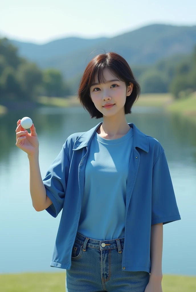 Highly realistic 8k photos, reservoir background, Hold the golf ball with one arm out to the side and in plain view., Korean woman, Wearing a blue T-shirt and a blue jacket on top, Wearing jeans, standing face to face, Looking at the camera, short hair, A little smile, Full focus