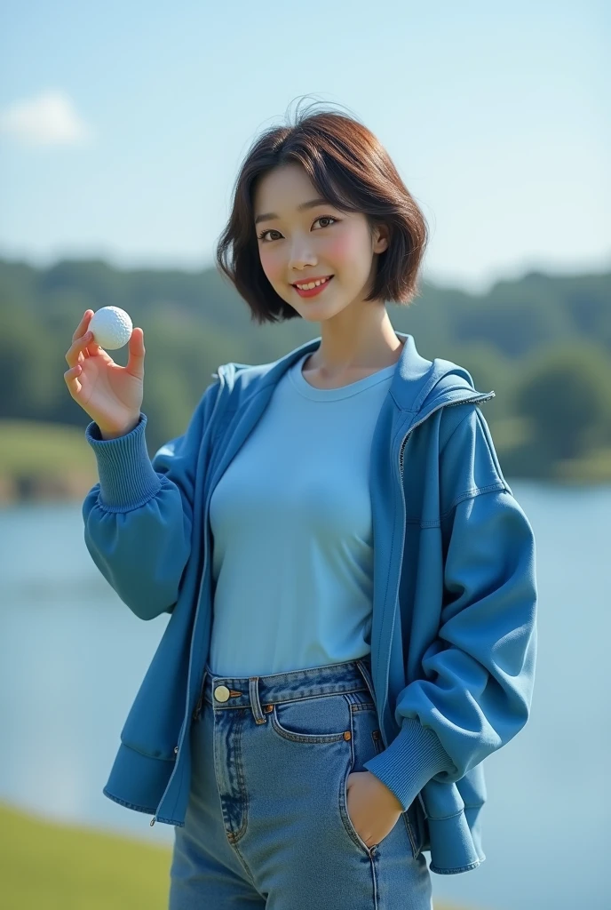 Highly realistic 8k photos, reservoir background, Hold the golf ball with one arm out to the side and in plain view., Korean woman, Wearing a blue T-shirt and a blue jacket on top, Wearing jeans, standing face to face, Looking at the camera, short hair, A little smile, Full focus