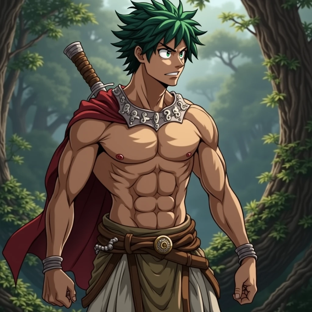 Izuku Midoriya, Shirtless, Green Hair, Spearman, Green Eyes, Greek Warrior, Shirtless, Greek Mythology, Son of Artemis, Forest, Hunter.
