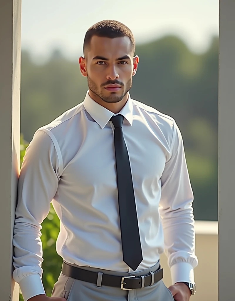 "A highly realistic image of a 3 light-skinned Brazilian man with closely cropped short brown hair and brown eyes. He is dressed in a light gray uniform, consisting of fitted dress pants, black socks, black dress shoes, and a white short-sleeved button-down shirt tucked into his pants. The man has a clean-shaven face, no mustache or beard, and displays firm arms. He stands in a dimly lit room, illuminated by soft, warm, and sensual lighting, casting gentle shadows that highlight his physique and features. His serious expression carries a hint of sensuality in his gaze. The background and atmosphere are styled to resemble a scene from an adult book cover, adding a touch of mystery and allure. The image is captured in a full-body shot with natural textures, realistic lighting, and an editorial style."