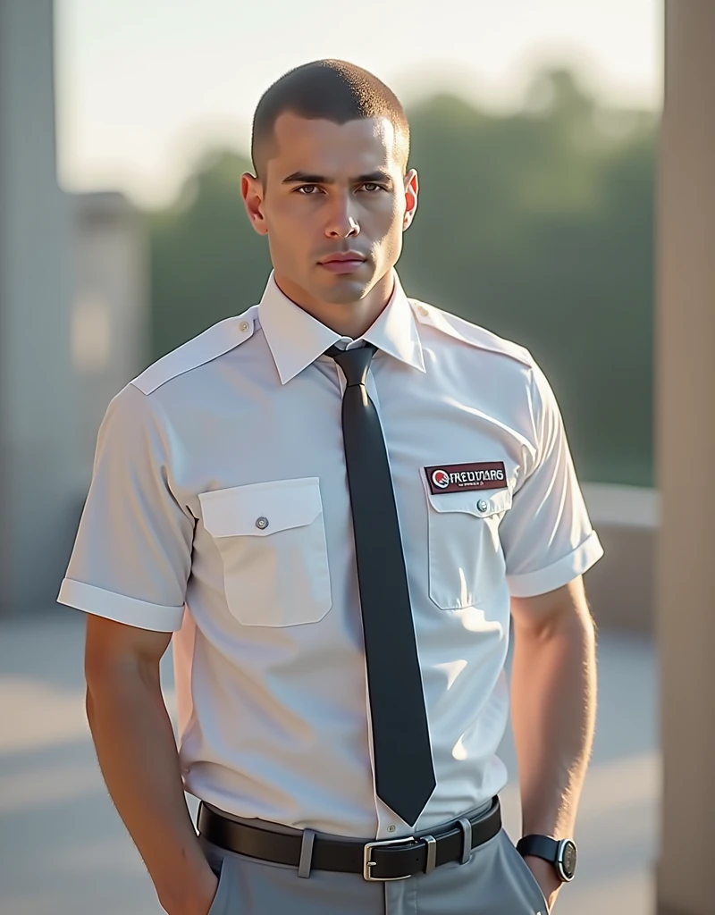 "A highly realistic image of a 3 light-skinned Brazilian man with closely cropped short brown hair and brown eyes. He is dressed in a light gray uniform, consisting of fitted dress pants, black socks, black dress shoes, and a white short-sleeved button-down shirt tucked into his pants. The man has a clean-shaven face, no mustache or beard, and displays firm arms. He stands in a dimly lit room, illuminated by soft, warm, and sensual lighting, casting gentle shadows that highlight his physique and features. His serious expression carries a hint of sensuality in his gaze. The background and atmosphere are styled to resemble a scene from an adult book cover, adding a touch of mystery and allure. The image is captured in a full-body shot with natural textures, realistic lighting, and an editorial style."