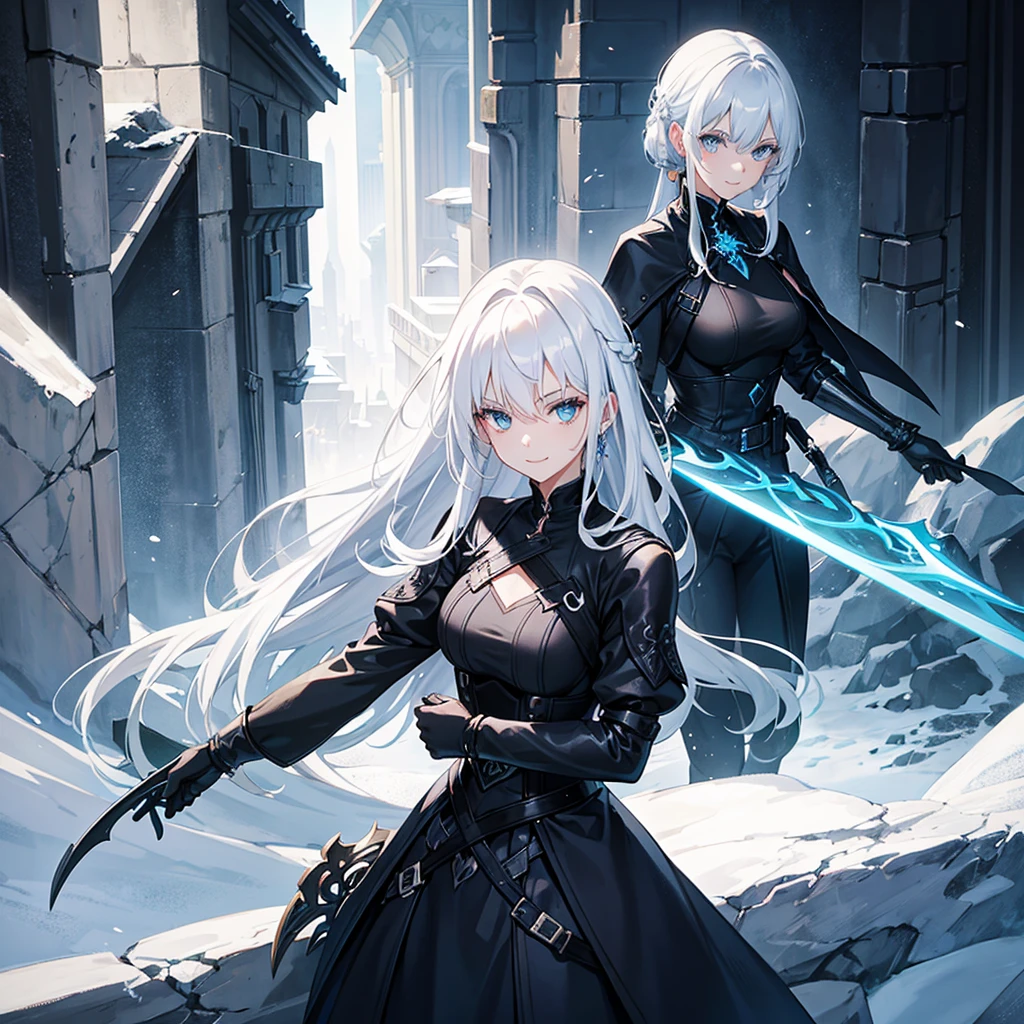 Beautiful girl with white hair and blue eyes, She is smiling, with a black and blue outfit and a sword on his back, she is an adventurer in a fantasy world