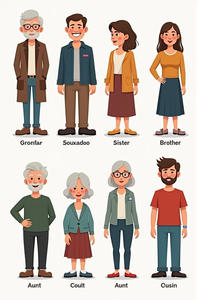 the names of types of relatives with pictures, Father, mother, Brother, Sister , grandfather, grandmother,aunt, uncle , cousin, in English (images corresponding to the names)