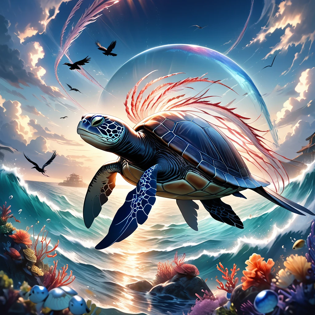 Dazzling Light、lame、Sparkling Sun、Beautiful and wide sea、One large oarfish、A turtle floating in the sea、Crow、Transparent and beautiful lighting, Artistic design、Pop Fantasy, Vast views、Detailed depiction、Xin Haicheng、