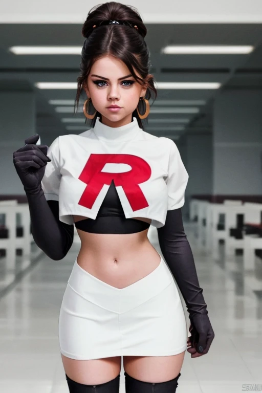 The face of Selena gomez, 1girl, solo, team rocket,team rocket uniform,white skirt,red letter R,crop top,black thigh-highs,black elbow gloves, earrings, large breasts, 