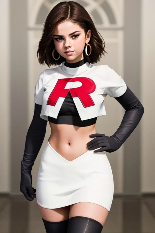 The face of Selena gomez, 1girl, solo, team rocket,team rocket uniform,white skirt,red letter R,crop top,black thigh-highs,black elbow gloves, earrings, large breasts,