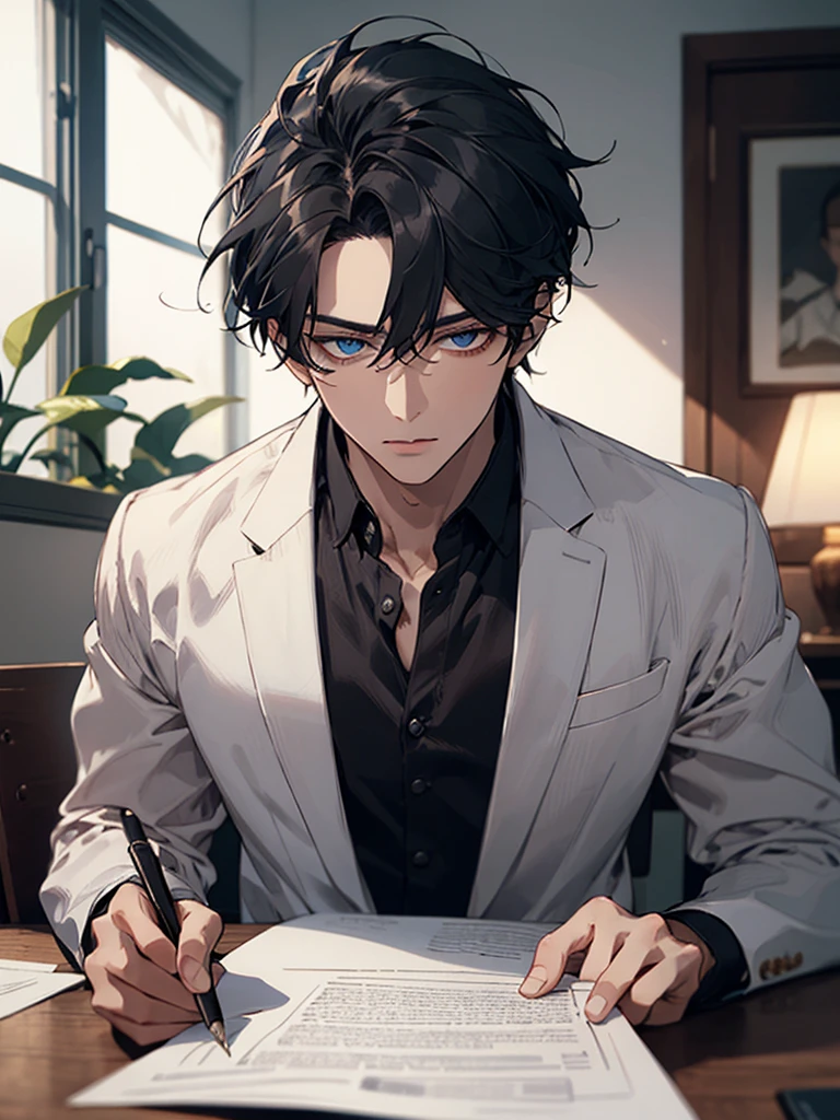 ((best quality)), ((Masterpiece)), (details), perfect face A man writes in a dimly lit room,read a report paper, black hair, blue eyes, handsome , man 3.