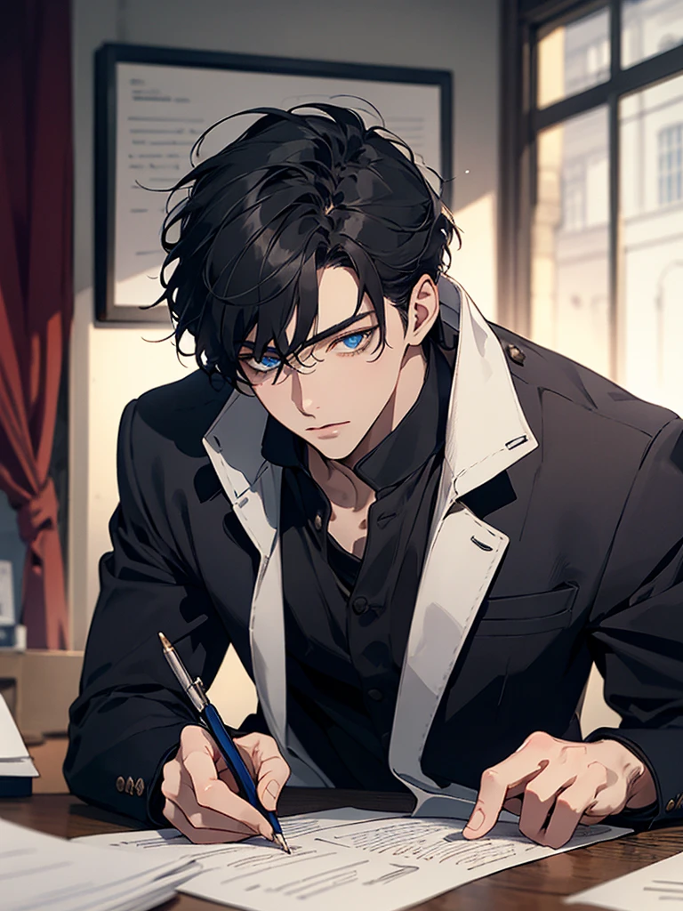 ((best quality)), ((Masterpiece)), (details), perfect face A man writes in a dimly lit room,read a report paper, black hair, blue eyes, handsome , man 3.