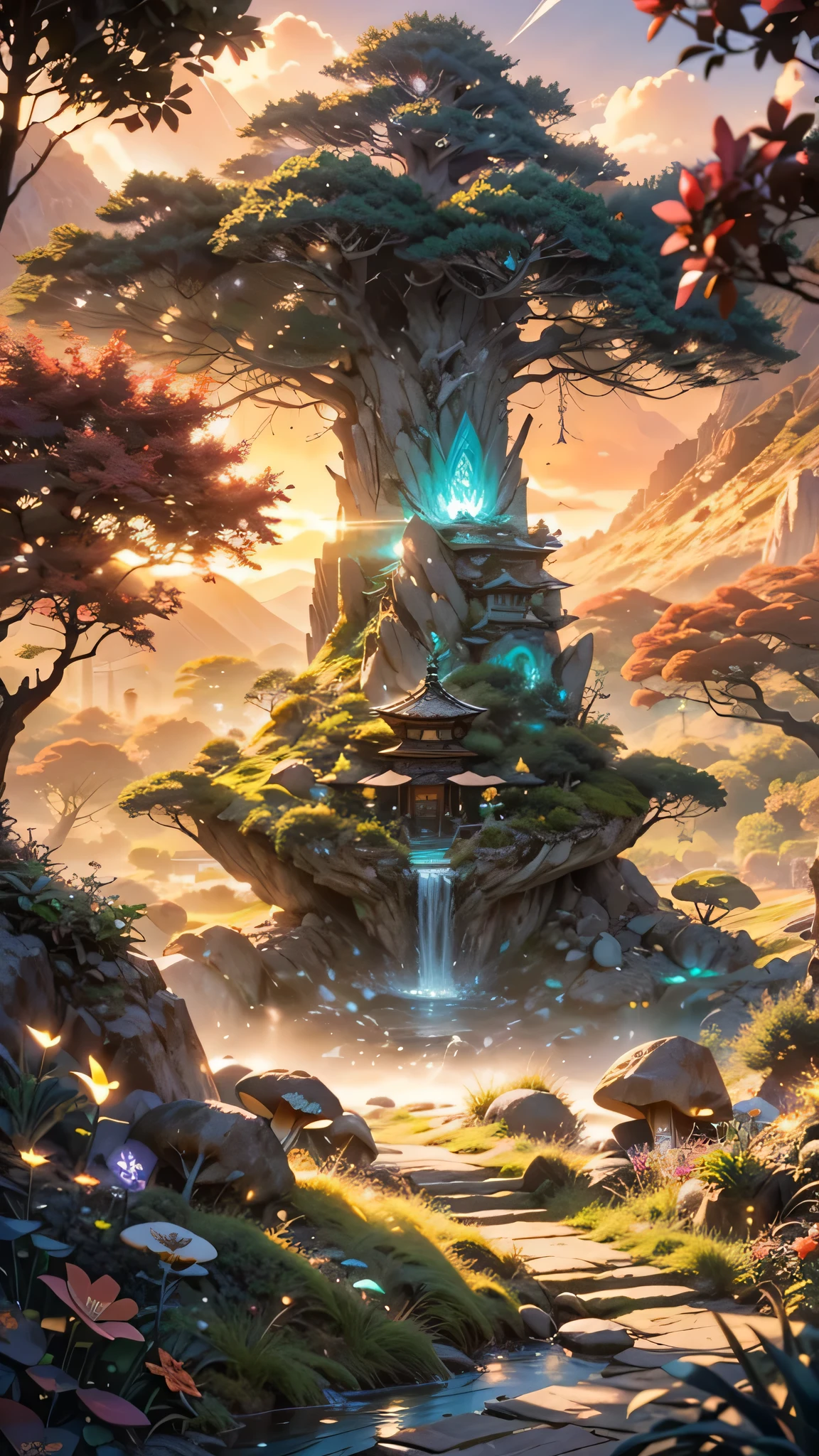 a futuristic small low pod home in a beautiful japanese garden, fairytale view with dramatic mountain range, rocks plants flowers shrubs bushes trees moss lawns grass mushrooms,colourful sunset and strong sunbeams,very hazy,extreme details,photorealistic,4k,HD,beautiful,nature, dreamy, low shot,ground level photo, good luminosity, high ambience