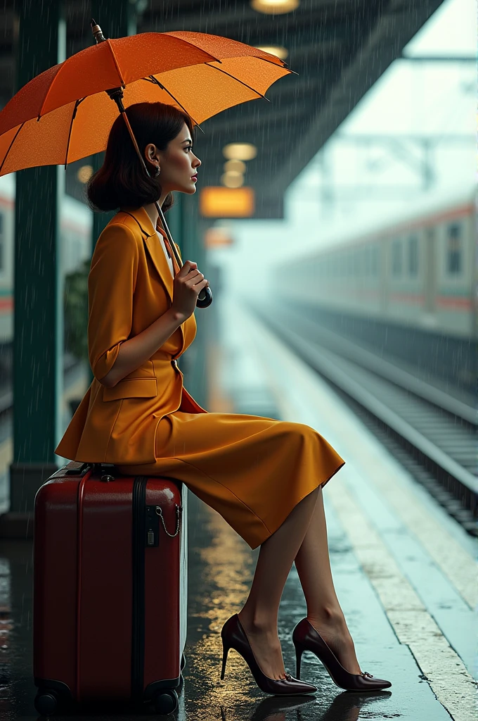 woman wearing elegant outfit sitting on top of suitcase with colorful umbrella waiting for train on rainy day