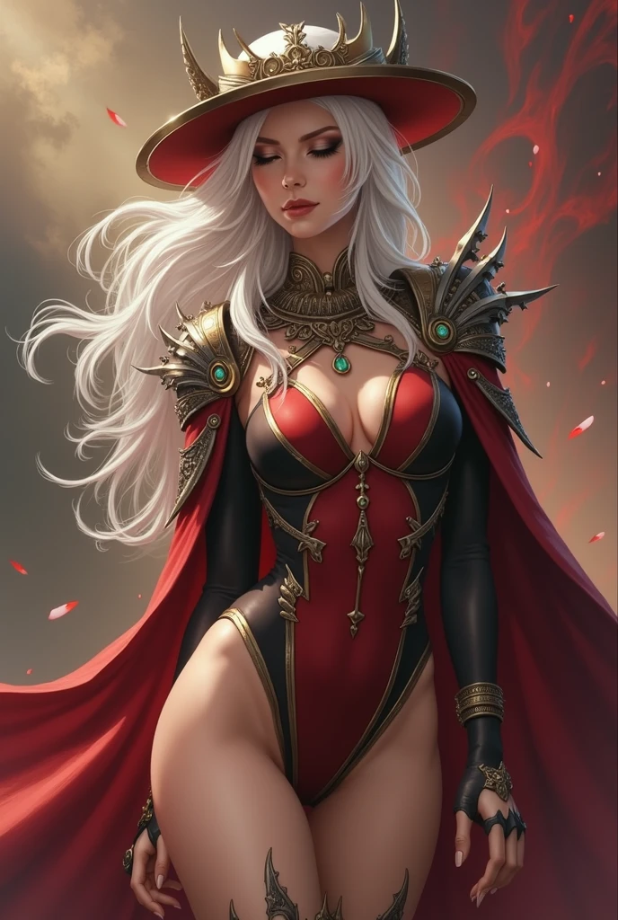 (masterpiece, high quality:1.1), extremely detailed, ambient,
SallyWhitemane, 1girl, mature female, FeelsGood, closed eyes,
determined,
white hair, long hair, closed eyes, jewelry, (eyeshadow:1.3),
hat, shoulder armor, (two-tone leotard:1.2), gold trim,
red background,
