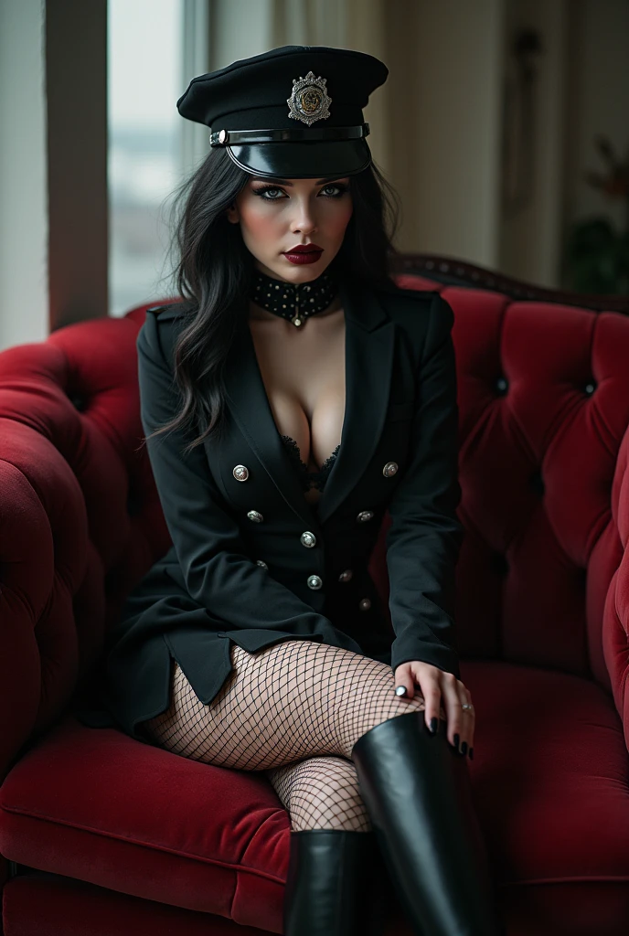 Erotic goth police woman with fishnets short skirt and boots sitting on the sofa