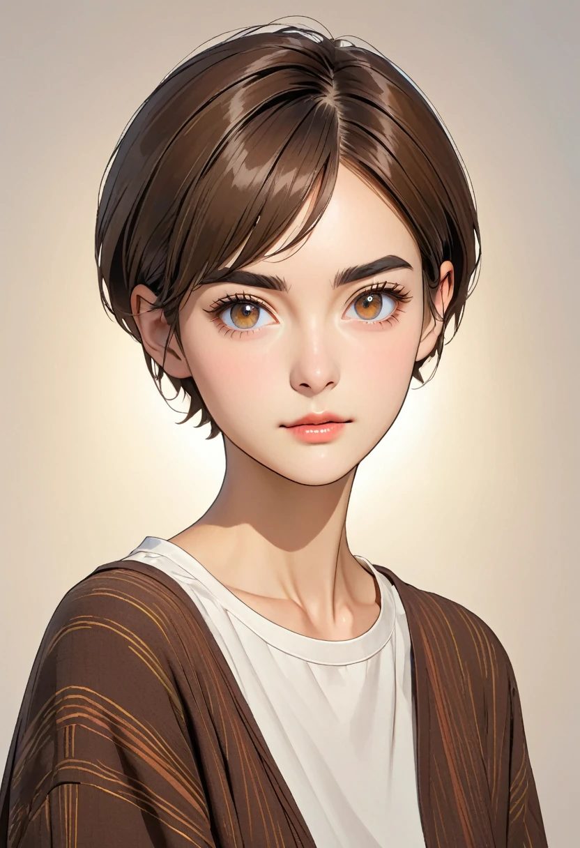 Half aged woman, short thin hair, brown hair and eyes, thin eyebrows