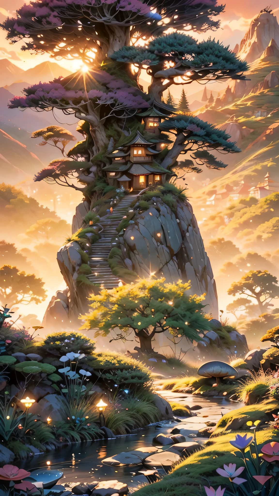 a futuristic small low pod home in a beautiful japanese garden, fairytale view with dramatic mountain range, rocks plants flowers shrubs bushes trees moss lawns grass mushrooms,colourful sunset and strong sunbeams,very hazy,extreme details,photorealistic,4k,HD,beautiful,nature, dreamy, low shot,ground level photo, good luminosity, high ambience
