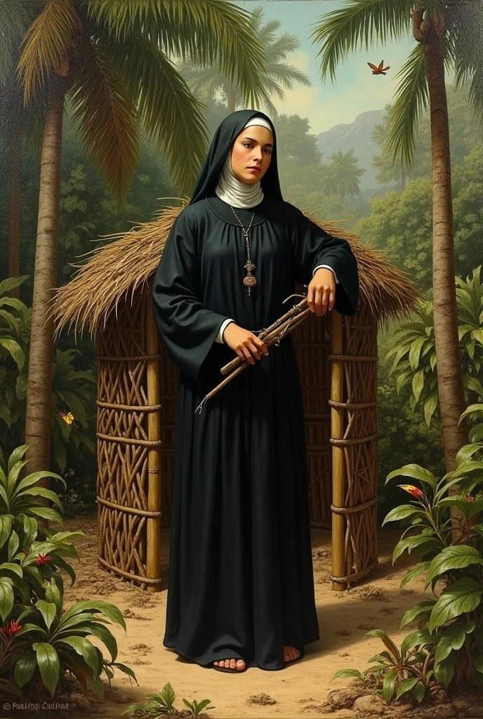Santa Rosa de Lima with her traditional black outfit building a small hut