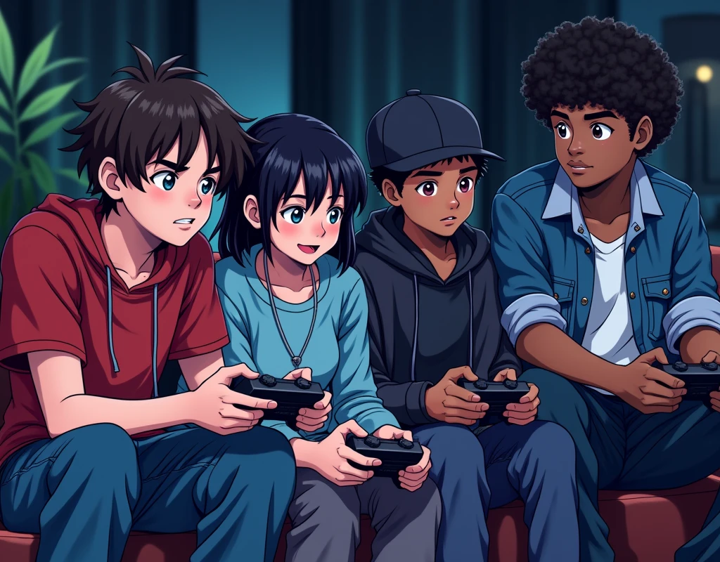 An image with 4 people playing video games, a thin young man with wavy hair that was just above his shoulders, wearing baggy pants. A short young woman, dark haired and bangs, a not so strong young man, mas bem definido, wearing a black cap. and a tall black boy, with medium curly hair and wearing grunge clothes. Image made with thick lines from a gothic anime