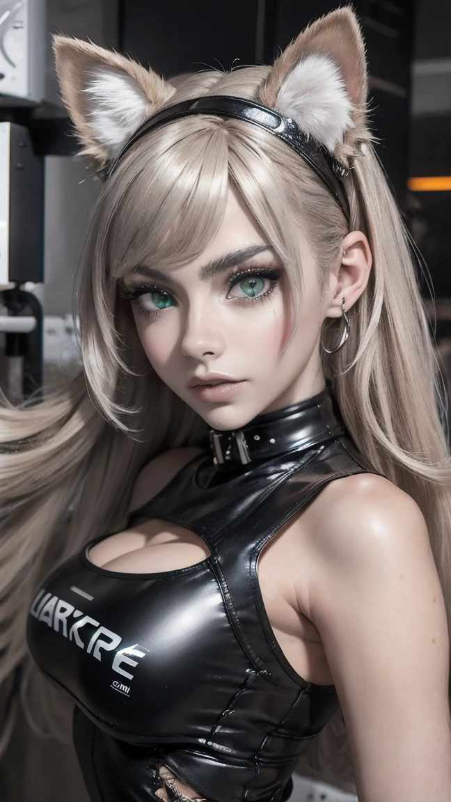 masterpiece, Best Quality, high angle, cyberpunk city, 1 girl, alone, Pale skin, cat ears, cybernetic arms, cyborg, neon lights on their clothes and cybernetic augmentations, 3D, hyperrealistic, realist, young girl, sexy, beautiful face, cyberpunk kitty ears, cyberpunk style, beautiful, showy, selfie, neon lights, intricate details, smooth skin, hyperrealistic, side glance, foreshortening, 8k extremadamente detallado, seeds, High resolution, ultra quality, very detailed cat eyes, very detailed mouth, Very detailed face, Perfect eyes, the eyes are like a cat&#39;s, true light, Glare, iridescent, global illumination, real hair movement, neon city light, real shadow, The real way, High Definition, 2k, 4k, 8k, 16k, luz realist, bright Eyes, purple eyes, fluorescent eyes, neon light, half body, close up
