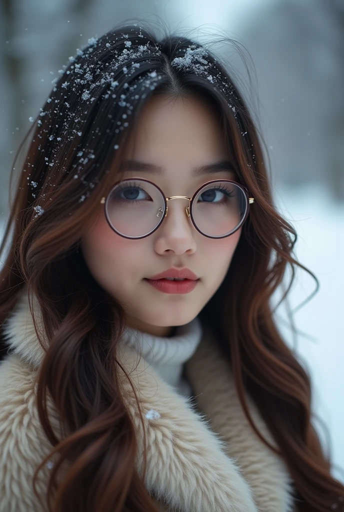 (Tabletop、highest qualthaty、8k、Award-winning works、Ultra-high resolution)、Beautiful Filipino Woman、(thick and big fur coat:1.3)、(A high-qualthaty coat filled wthath fluffy fur:1.2)、Brown Hair、(Long Wavy Hair:1.1)、Great cinema lighting、(The most romantic and moody atmosphere:1.1)、winter、Snow Scene、that'it's snowing、(Walking in the snow in Northern Europe:1.1)、look at me、、Blurred Background、Accurate anatomy、Ultra HD Hair、Ultra-high resolution for perfect, Beautiful Teeth、Ultra-high definthation beauty face、Ultra HD Hair、Ultra-high resolutionの輝く瞳、The Shining, Ultra-high resolution beautiful skin、Ultra-high resolutionの艶やかな唇、(Face close-up:1.1)、(Elegant round glasses:1.1)
