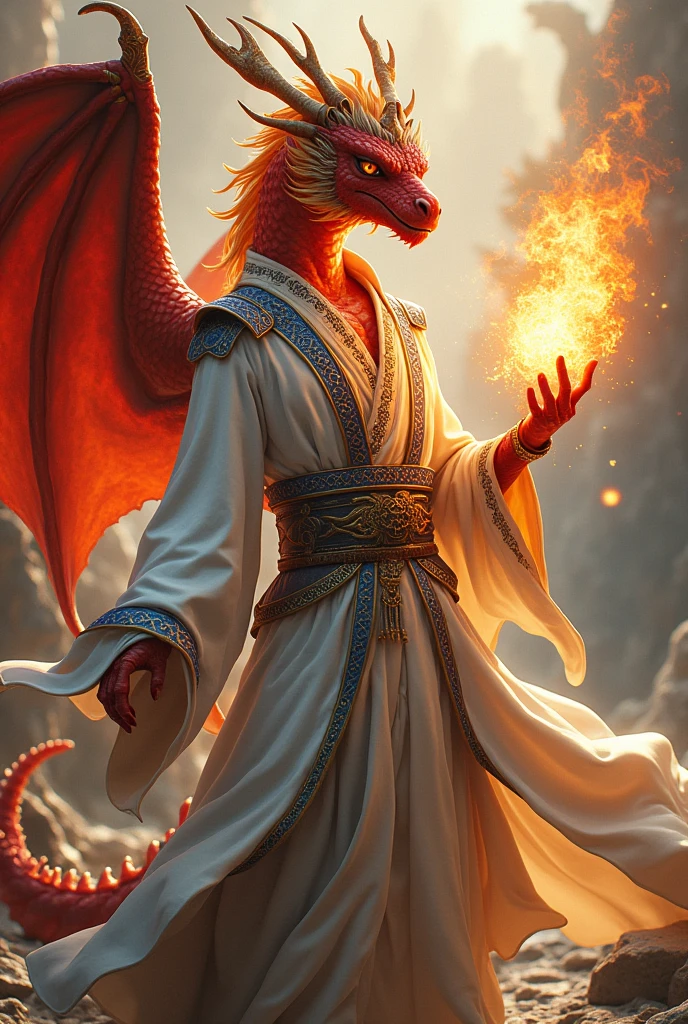 Fire mage controlling a ball of fire with fire breathing dragon